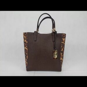 Coach Brown Leather and Gold Structured Tote Bag w Leopard Print